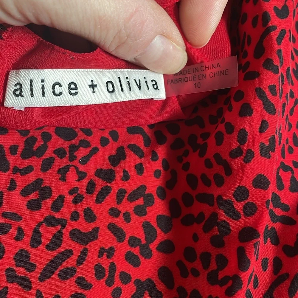 Alice + Olivia Polly Red Leopard Mini Dress Fit & Flare Long Sleeves, Size 10 - Picture 4 of 7